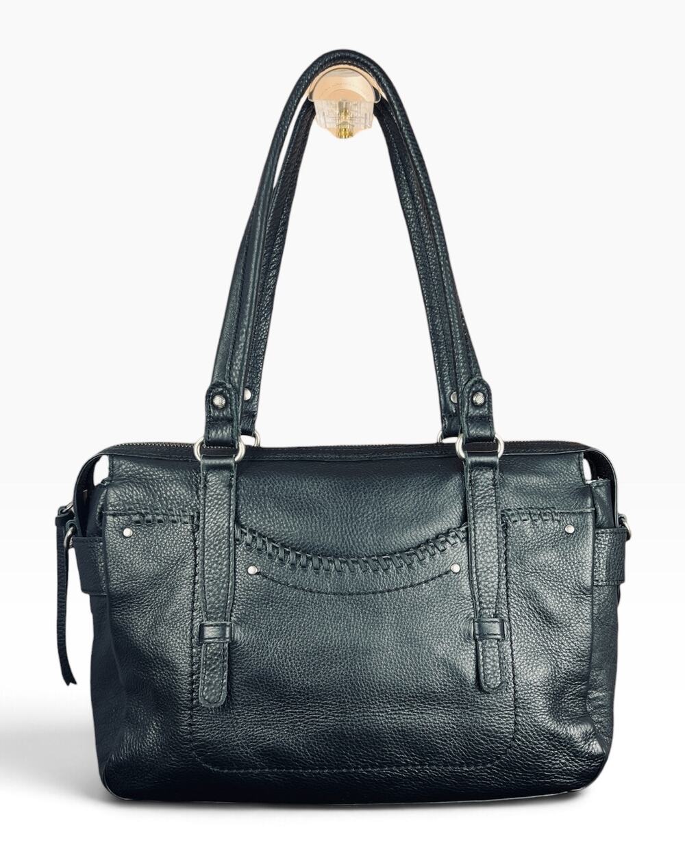 The Sak Deven Black Pebbled Leather Whipstitch Satchel Shoulder Bag Purse